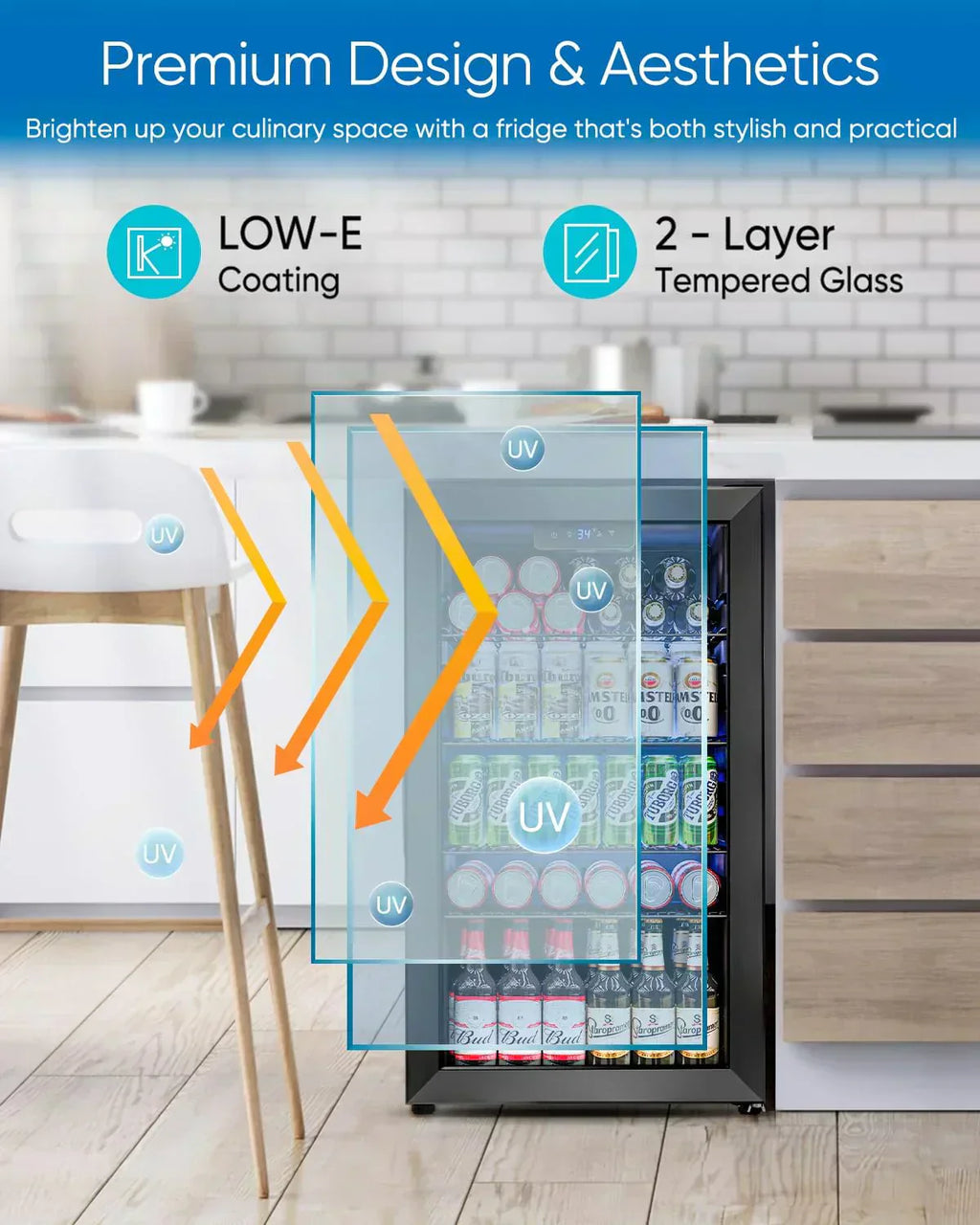 Beverage Refrigerator Cooler 126 Can Mini Fridge Glass Door for Drinks Soda Beer Wine Refrigerator wourant