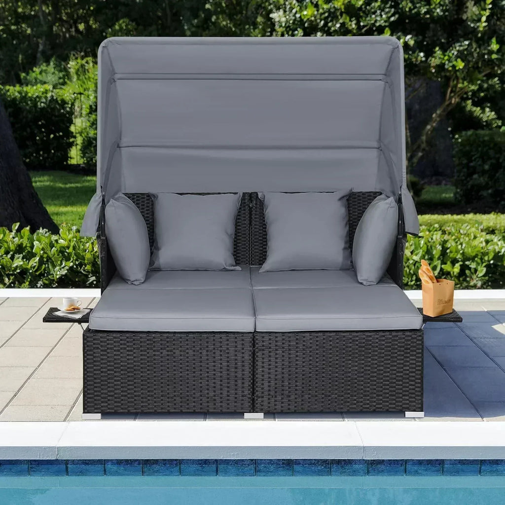 RELAX4LIFE Patio Outdoor Daybed with Canopy Wicker Sunbed Cushions 4 Pillows wourant