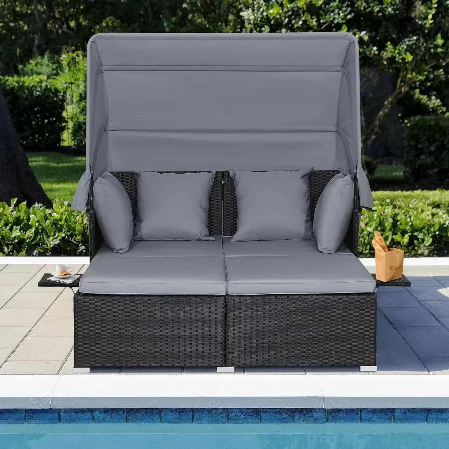 RELAX4LIFE Patio Outdoor Daybed with Canopy Wicker Sunbed Cushions 4 Pillows wourant