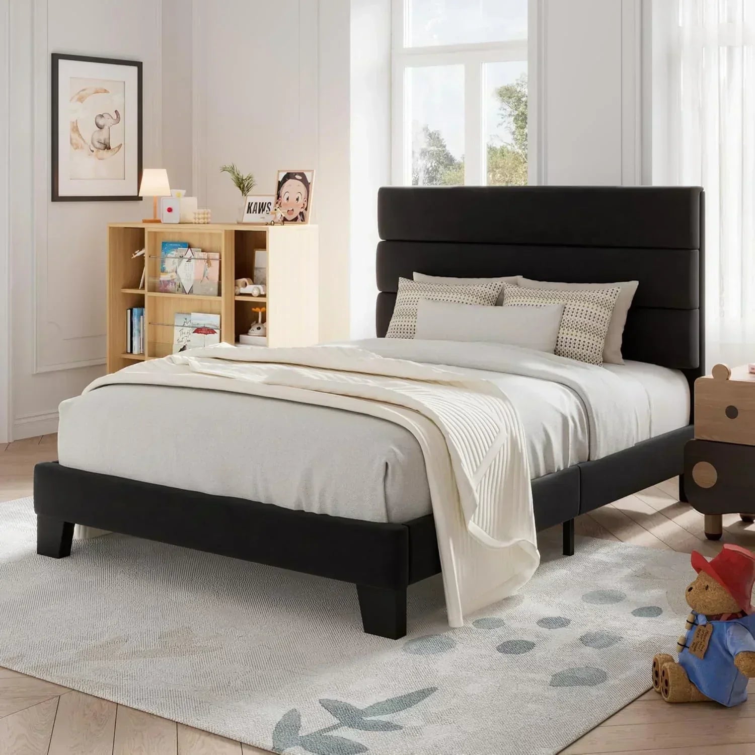 Allewie Queen Size Platform Bed Frame with Fabric Upholstered Headboard Wooden Slats Support wourant