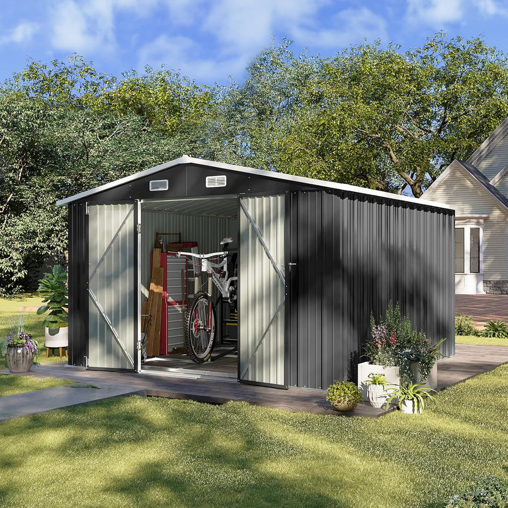 Aoxun 12x10 FT Shed Metal Outdoor Waterproof Storage Shed Steel Utility Garden Tool Shed wourant