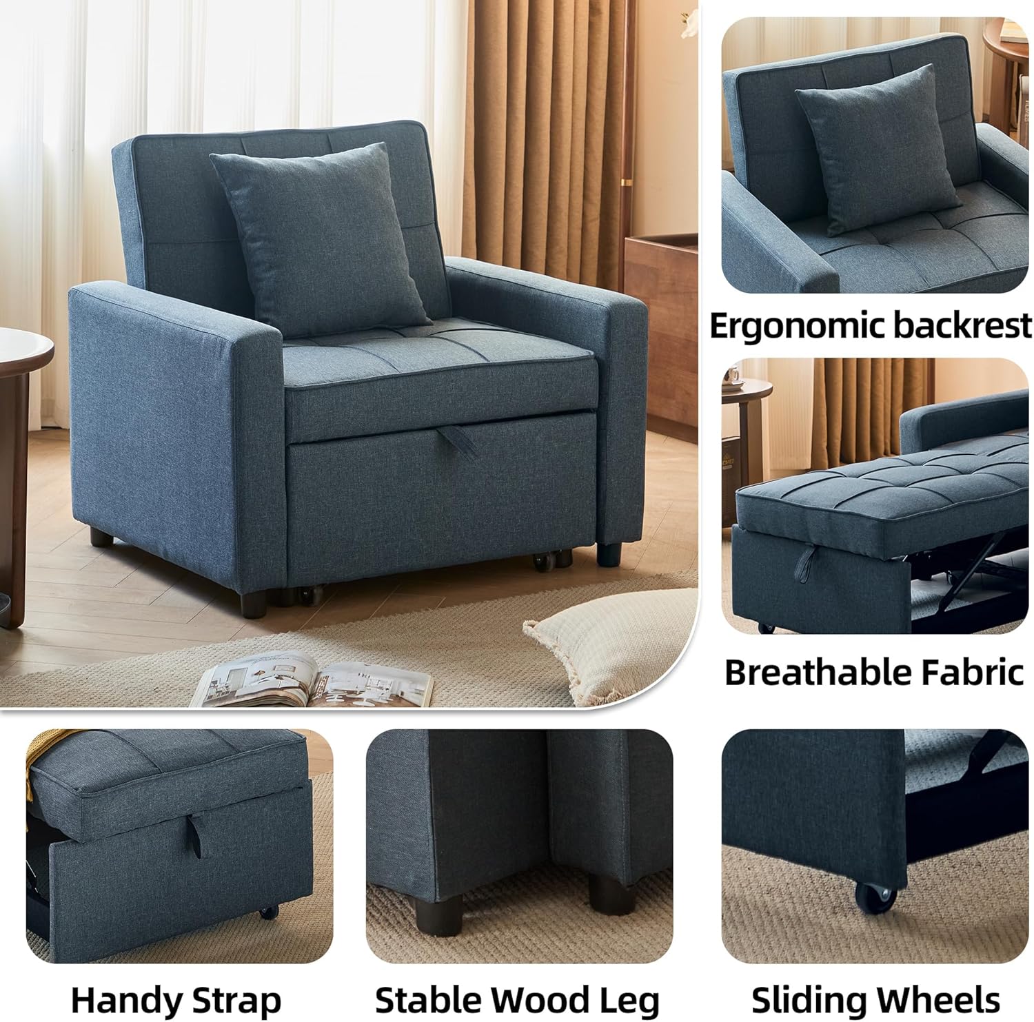 Sofa Bed Chair Convertible Sleeper Sofa with Pull-Out Bed wourant
