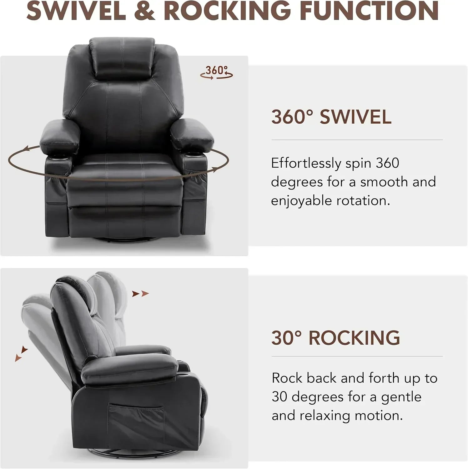 Large Swivel Rocking Recliner with Massage Function 360 Degree Swivel Rocking Single Sofa wourant