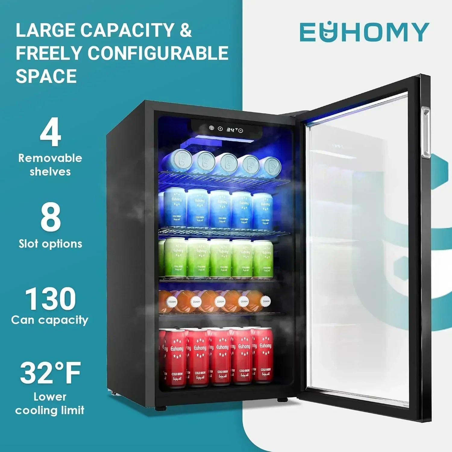 EUHOMY Beverage Refrigerator Cooler 130 Can Mini Fridge with Glass Door Beverage Cooler wourant