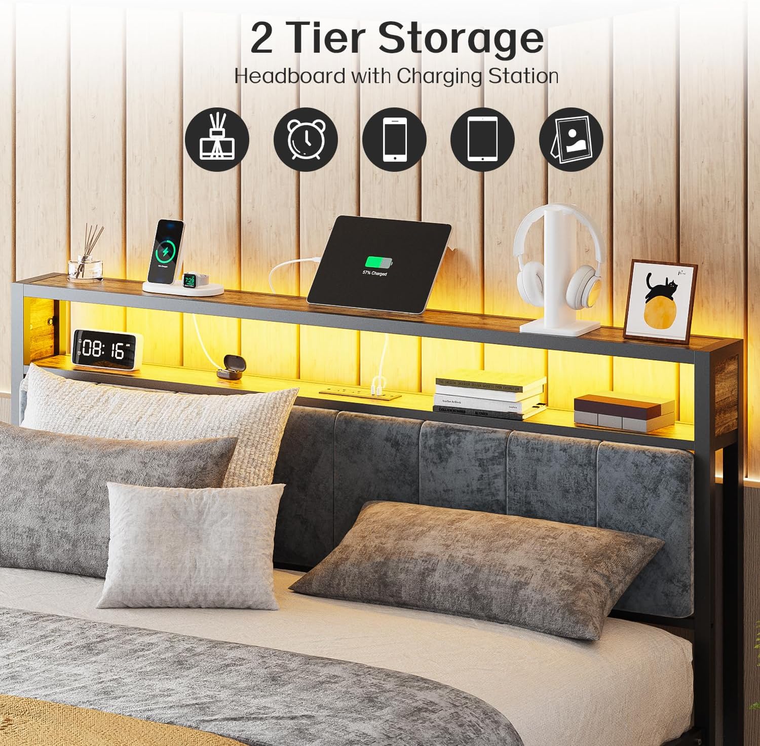 OLEVS Single Bed Frame LED Light Storage Headboard Type C Charging Station Metal Platform Bed wourant