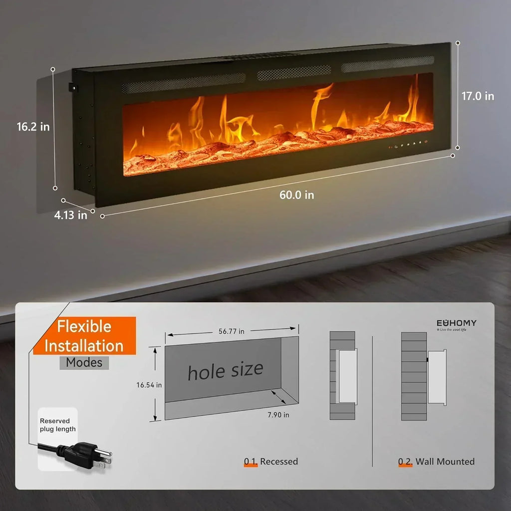 EUHOMY 50 Inch Electric Fireplace Wall Recessed Adjustable Flame Color Fireplace Heater wourant