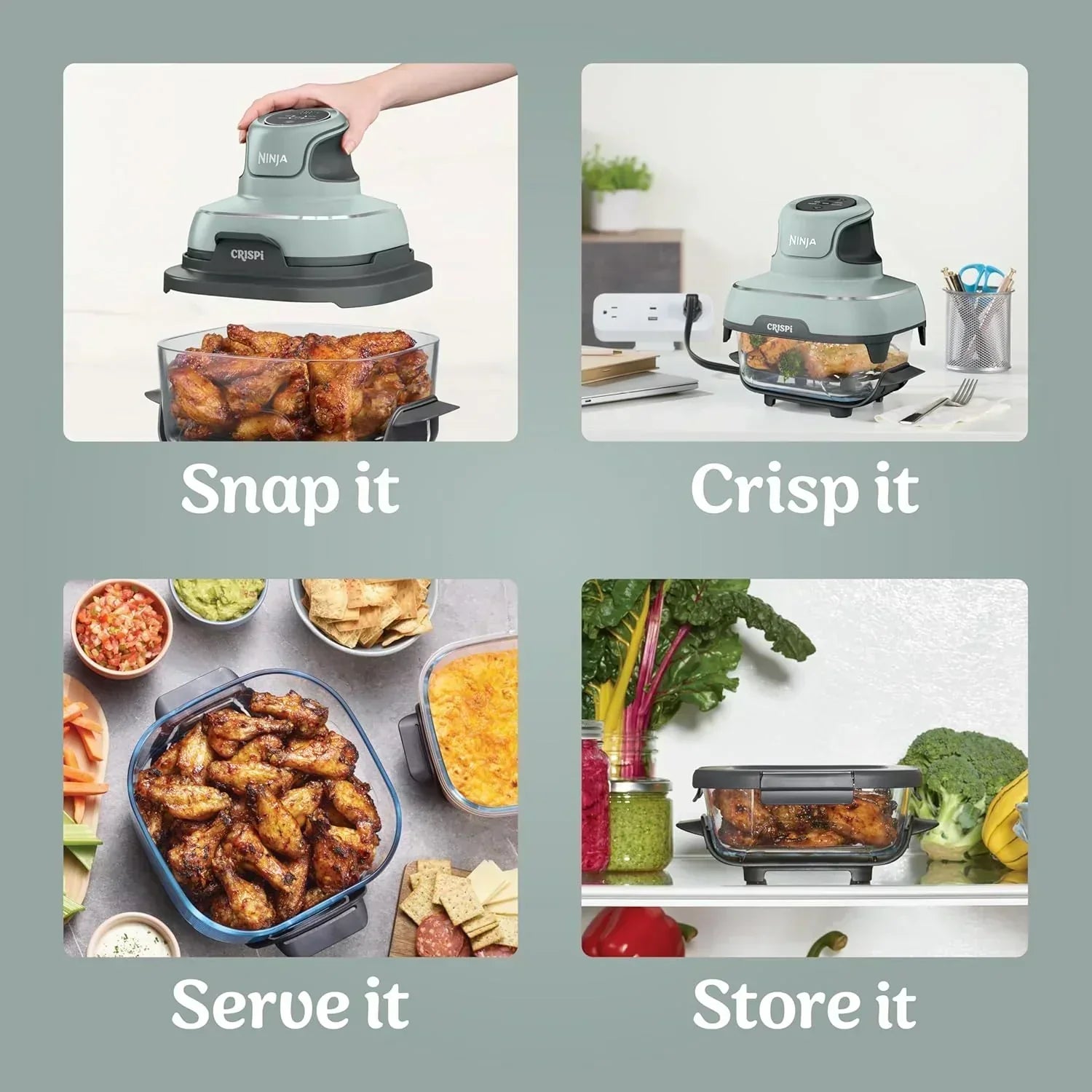 Ninja Crispi 4 in 1 Portable Glass Air Fryer Cooking System 4QT 6 Cup TempWare Glass Containers wourant