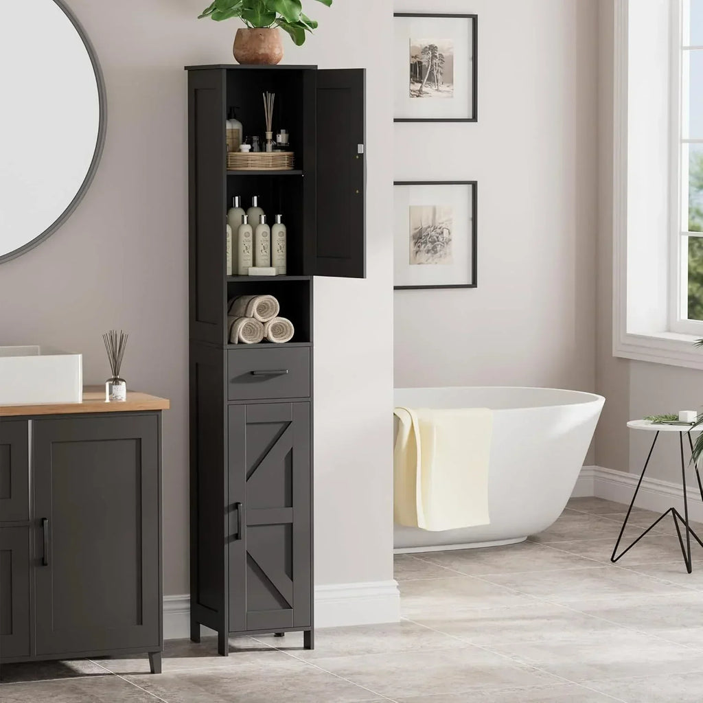 Homhedy 67" H Tall Bathroom Storage Cabinet with 2 Barn Doors and 1 Drawer Narrow Storage Unit wourant