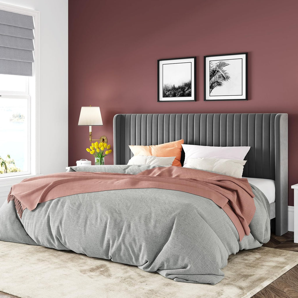 Allewie Full Size Velvet Bed Frame Vertical Channel Tufted Wingback Headboard Upholstered Bed wourant