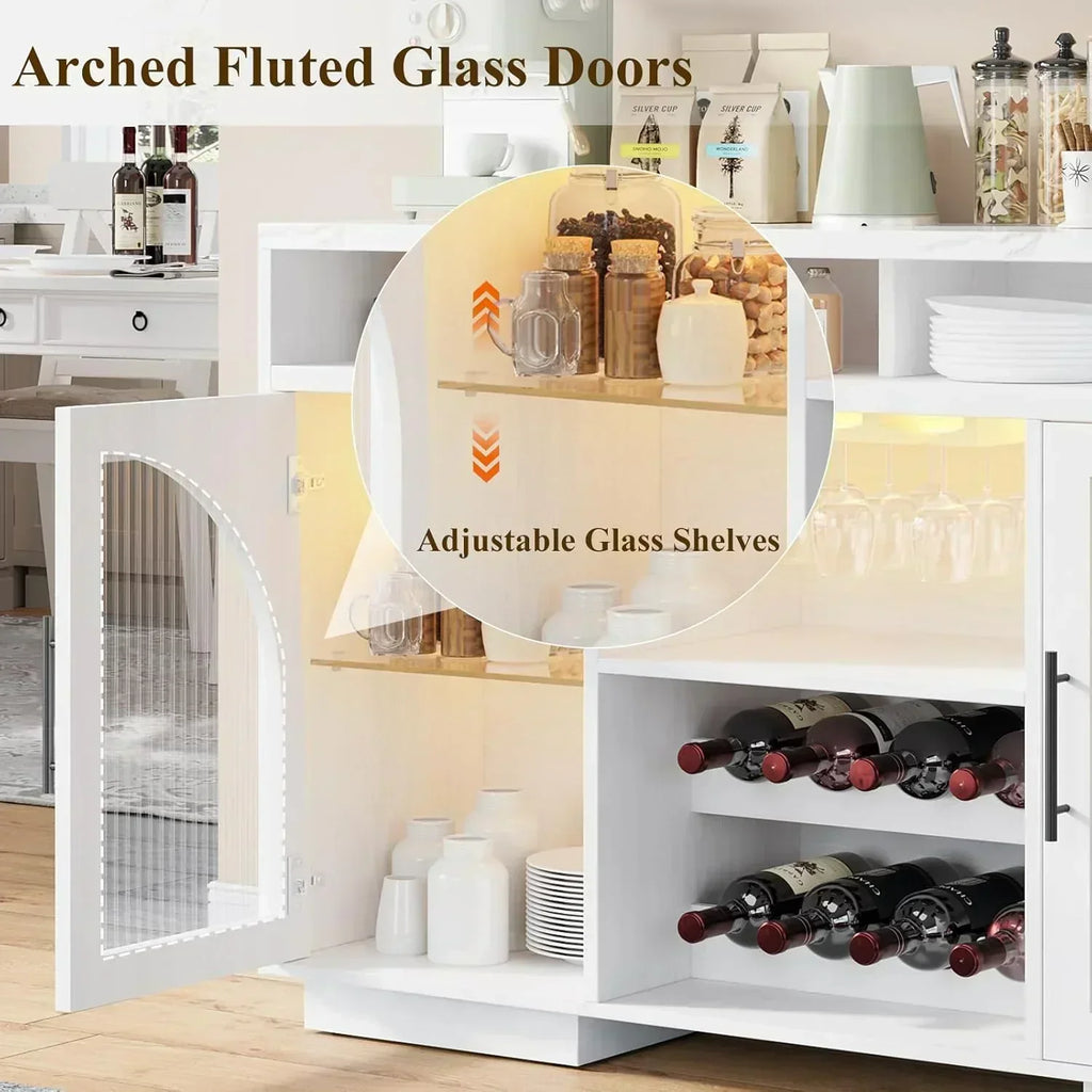 Sideboard 54-inch kitchen cabinet with LED lights and arched glass doors tall bar cabinet wourant