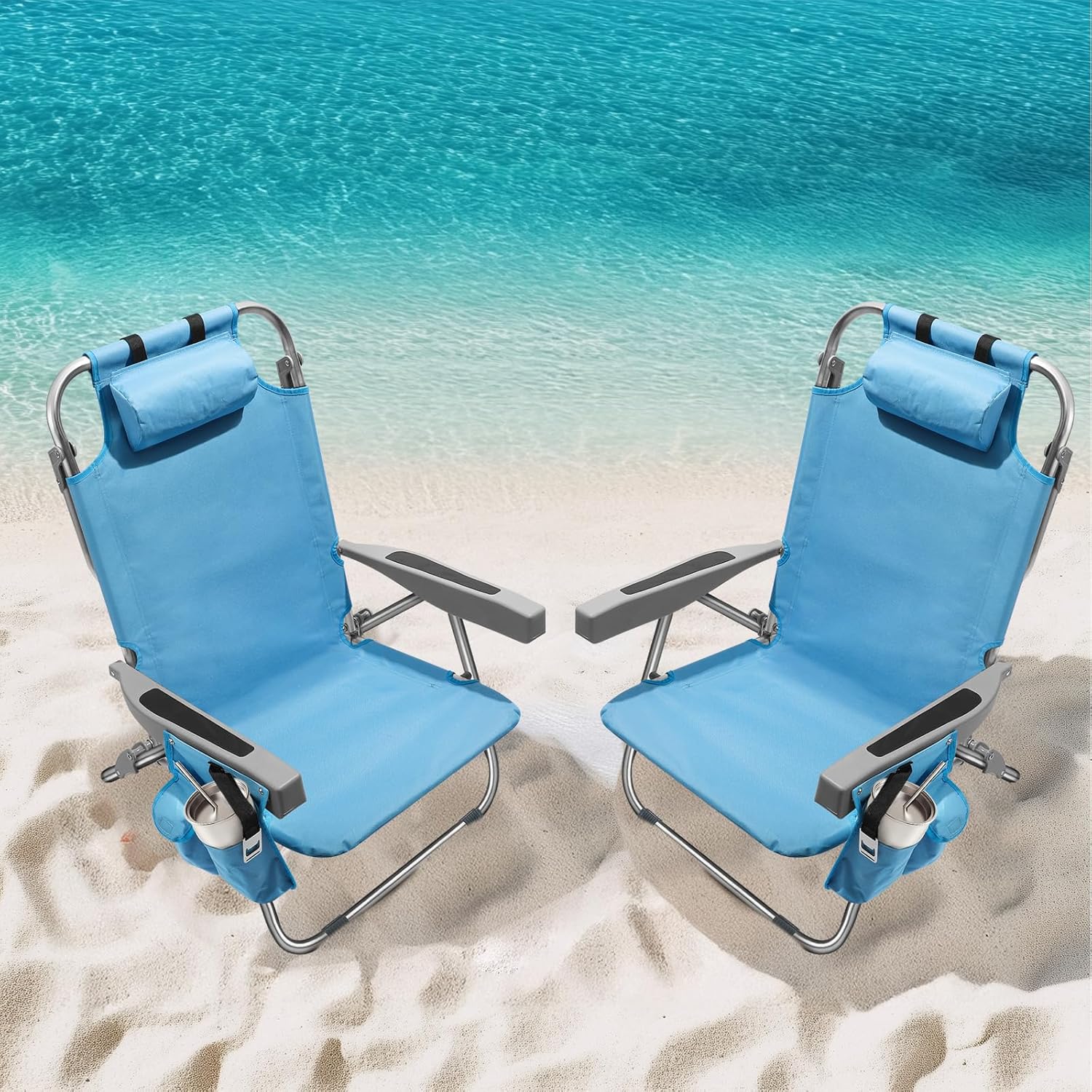 5-Position Aluminum Lay Flat Tall Backpack Beach Chairs 2 Pack Compact Portable Beach Chairs wourant