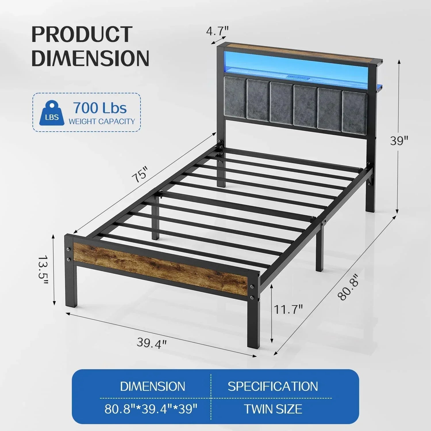 Queen Size Bed Frame with 2-Tier Storage Shelves Headboard Platform Bed with Charging Station wourant