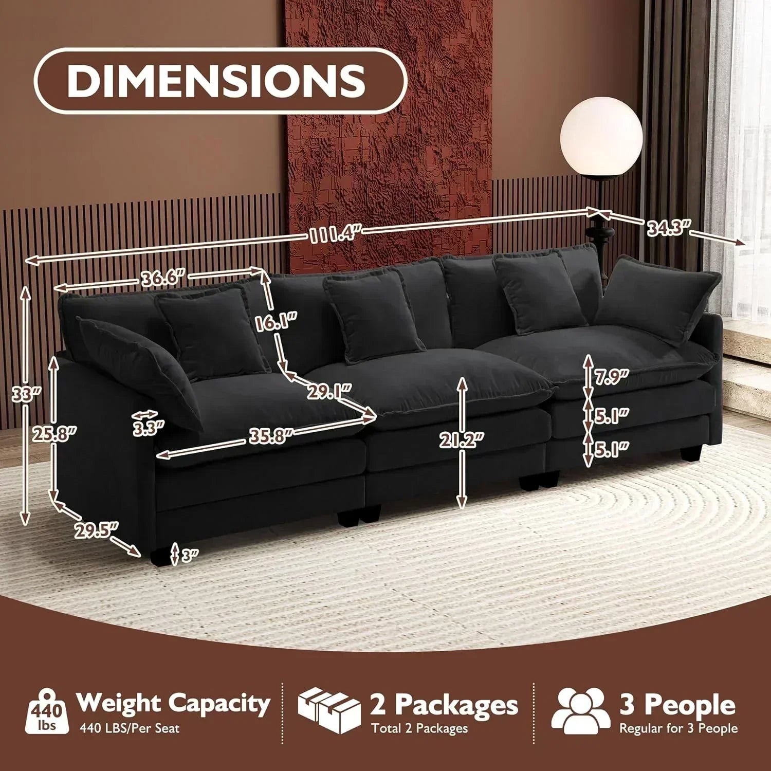 111.4 Inch L Shaped Modern Sofa Modular Cloud Sofa with Ottoman 4 Seater Chenille Deep Seat Sofa wourant