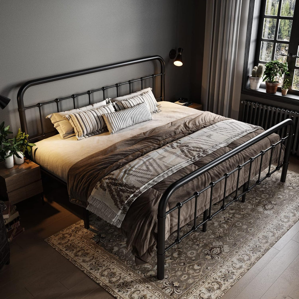 Allewie Queen Size Metal Platform Bed Frame with Victorian Style Wrought Iron-Art Headboard wourant