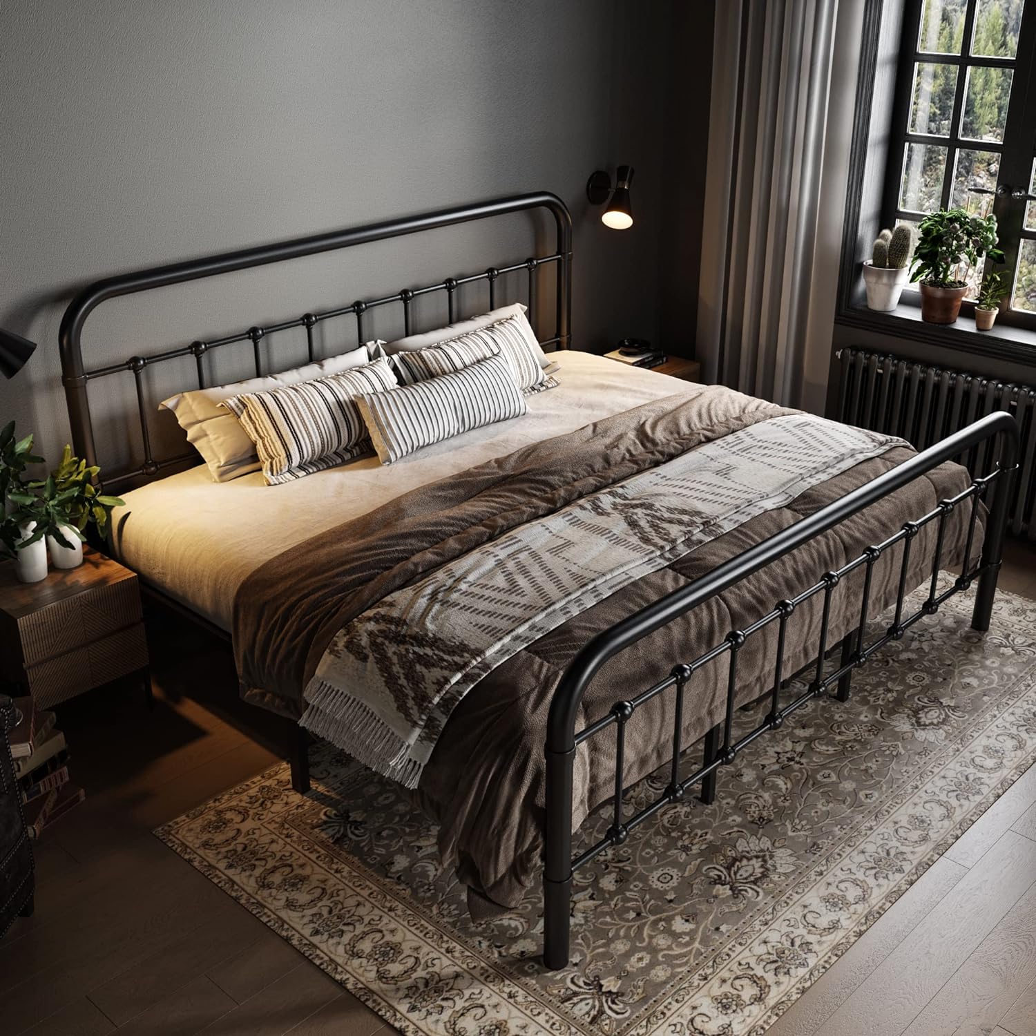 Allewie Queen Size Metal Platform Bed Frame with Victorian Style Wrought Iron-Art Headboard wourant