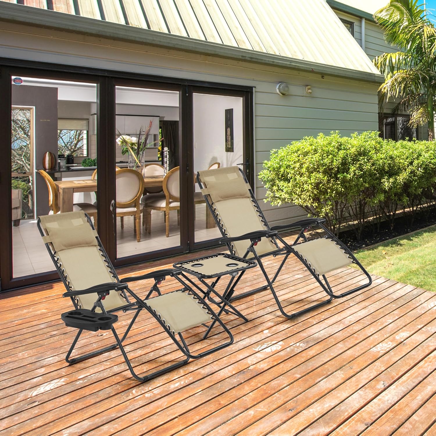 3PCS Zero Gravity Recliner Portable Outdoor Reclining Chair Set Side Table Lounge Chairs wourant
