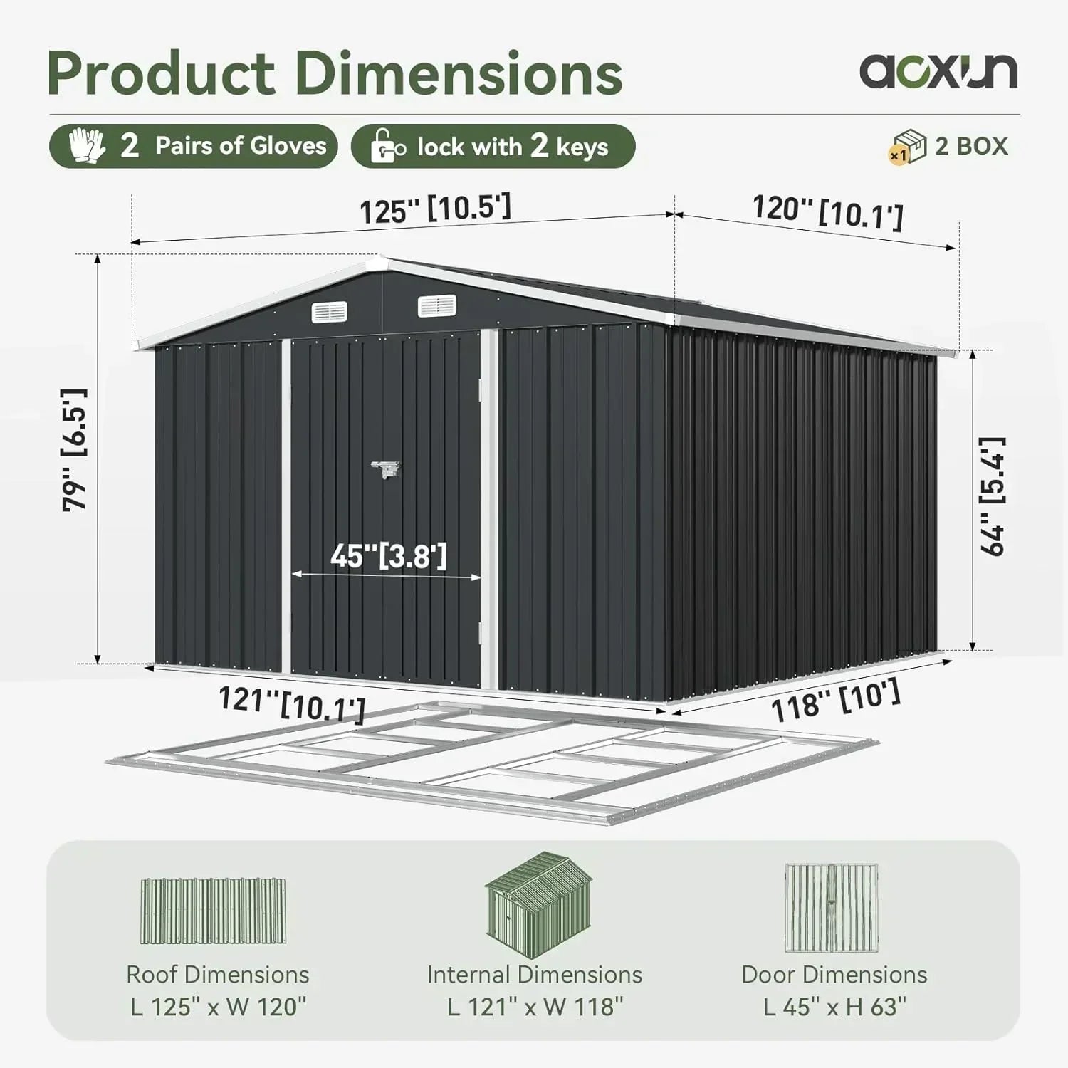 Aoxun 12x10 FT Shed Metal Outdoor Waterproof Storage Shed Steel Utility Garden Tool Shed wourant