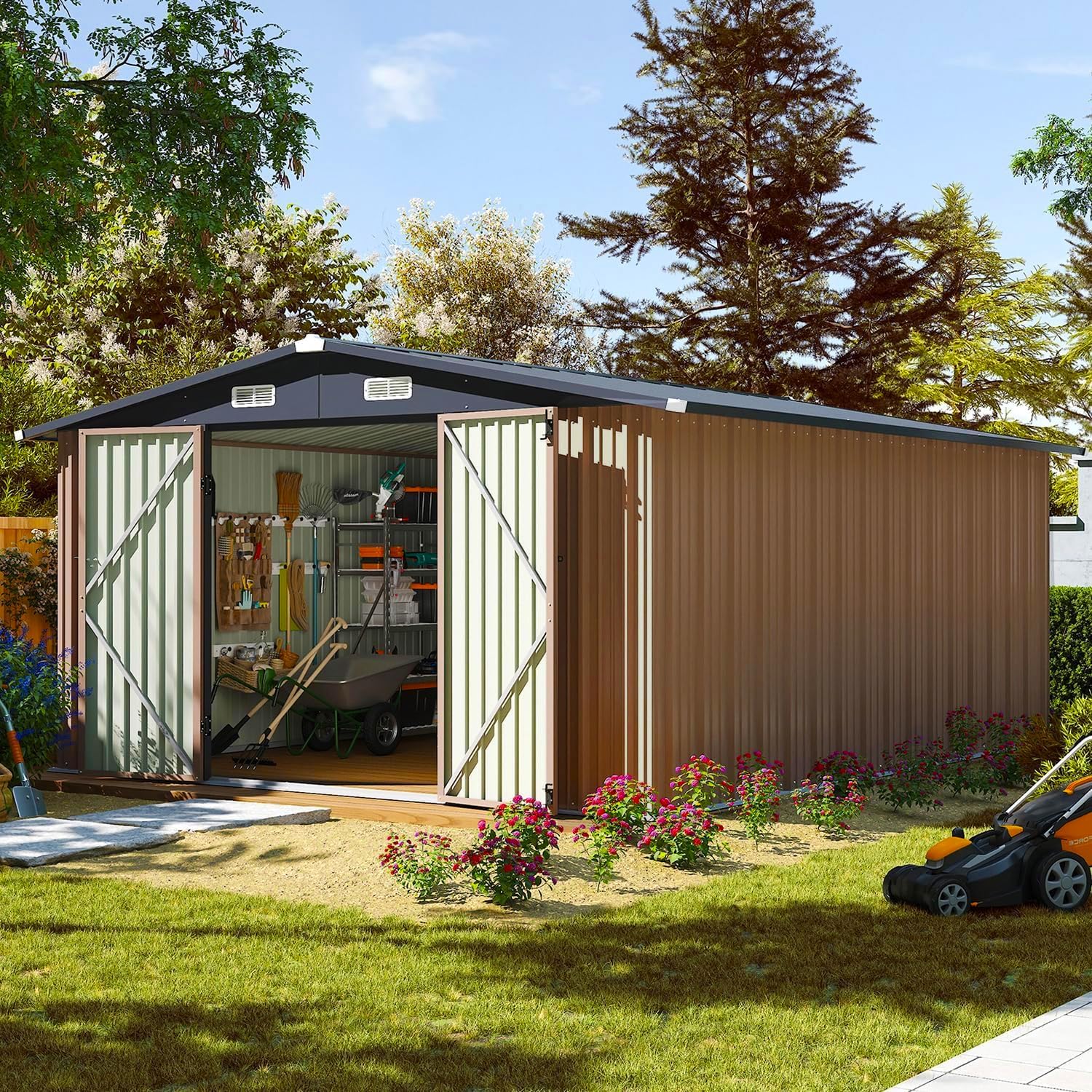 Aoxun 12x10 FT Shed Metal Outdoor Waterproof Storage Shed Steel Utility Garden Tool Shed wourant