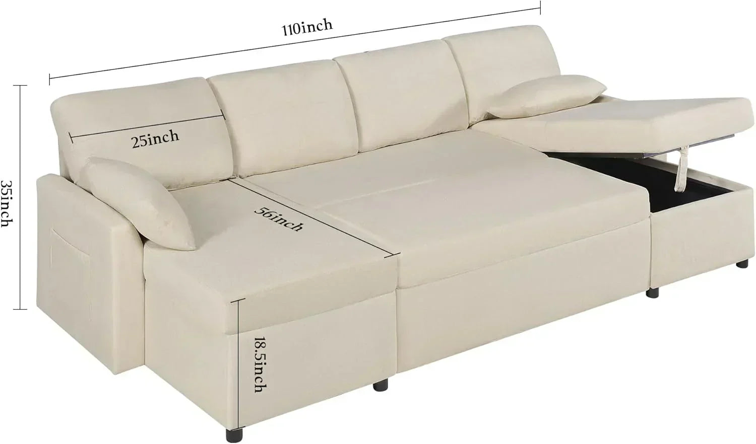 VanAcc Sofa Bed Sleeper Sofa with Storage Chaise 2 in 1 Pull Out Couch Living Room wourant