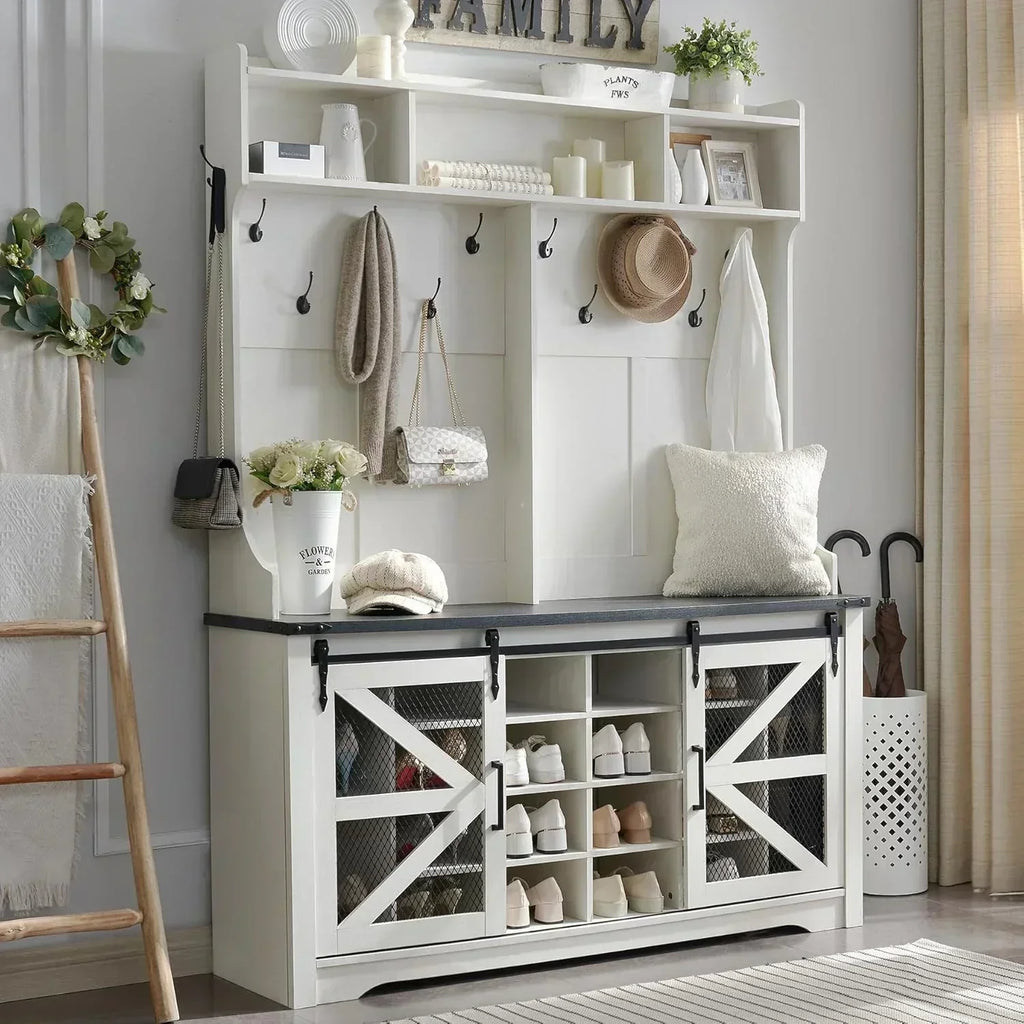 JXQTLINGMU 59-inch Farmhouse Foyer Tree Shoe Storage Entryway Bench Foyer Coat Rack Cabinet wourant