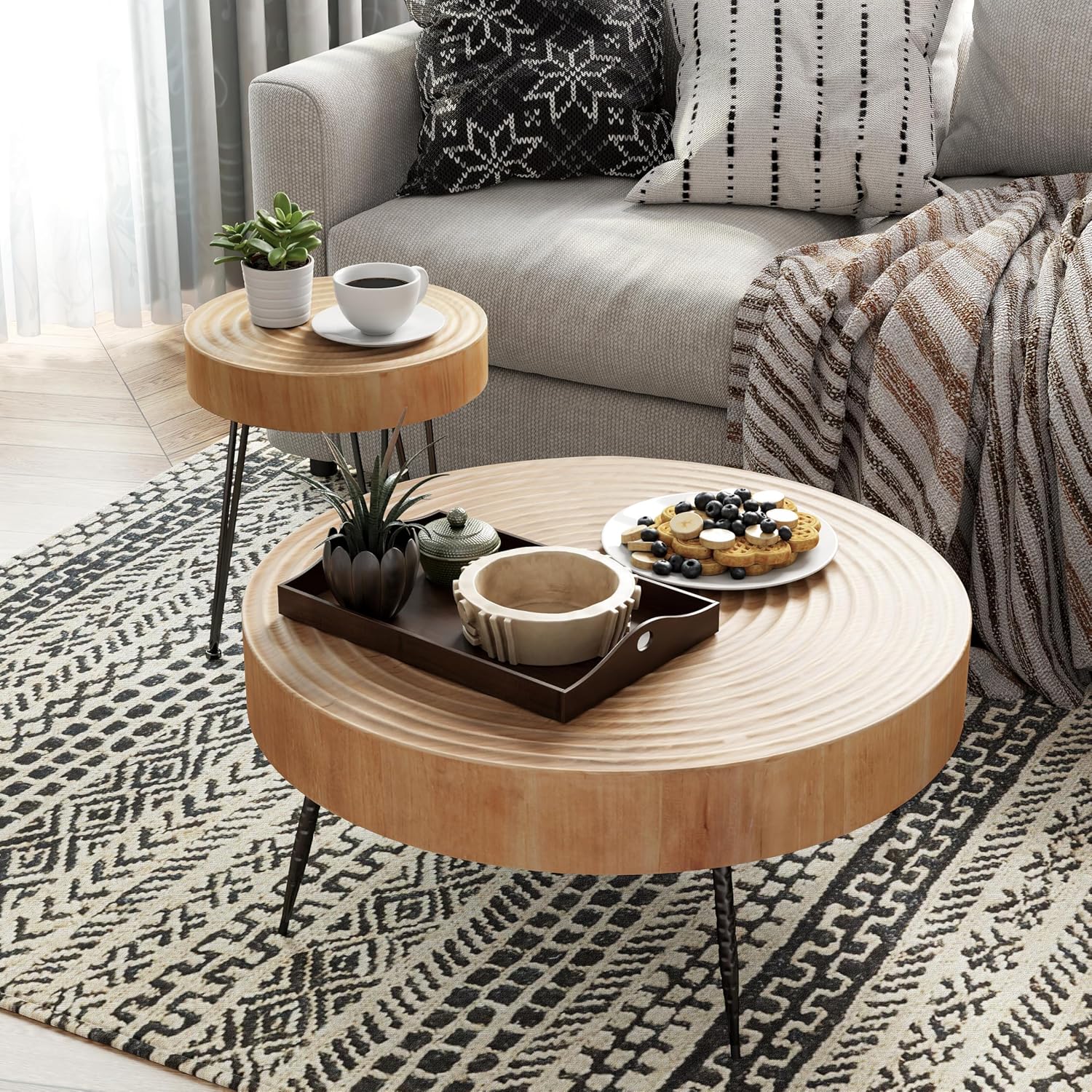 Two-Piece Modern Farmhouse Living Room Coffee Table Set Round Nesting Tables wourant