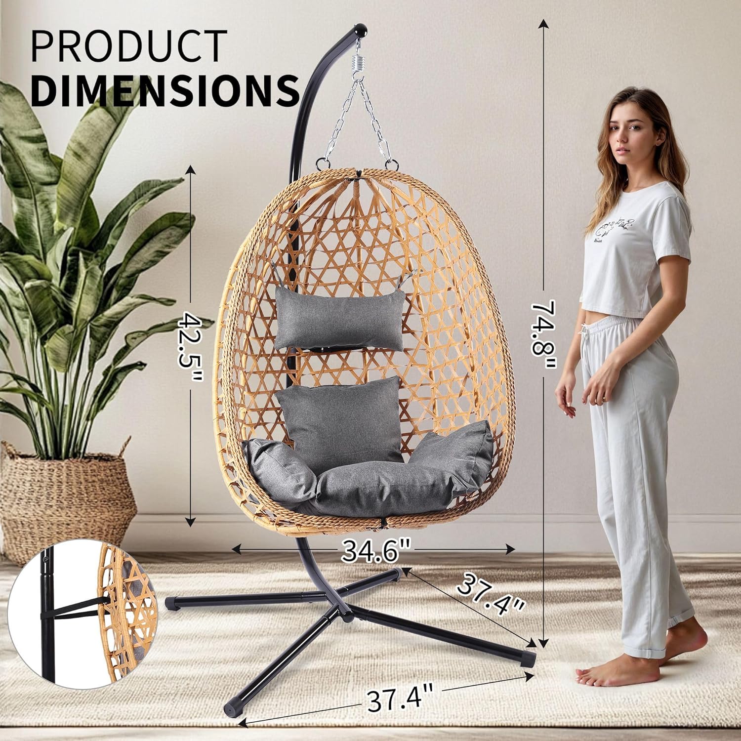 Egg Chair with Stand Patio Wicker Hanging Chair Hammock Swing Chair 350LBS Capacity for Bedroom wourant