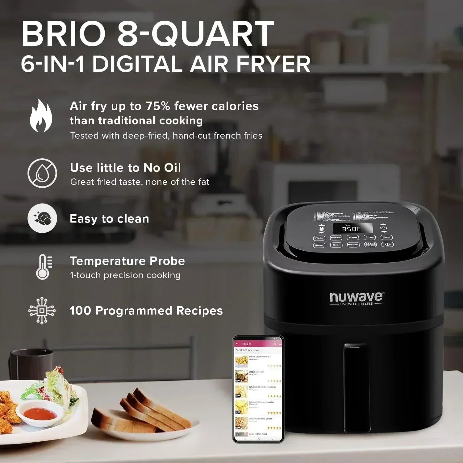 Nuwave Brio 15.5Qt Air Fryer Oven quickly reheats bakes and dehydrates food wourant