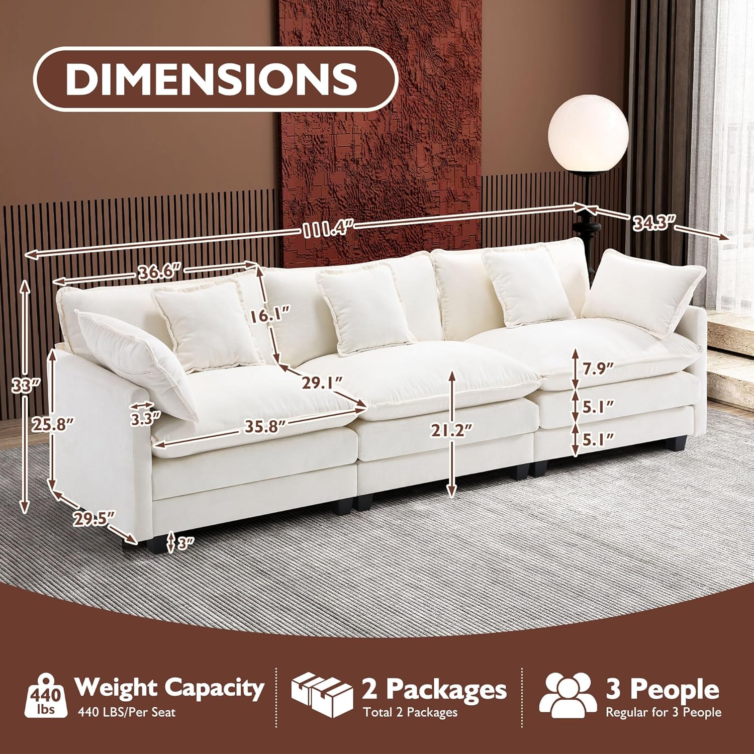 ihanherry 146-inch U-shaped modern sofa modular area cloud sofa wourant