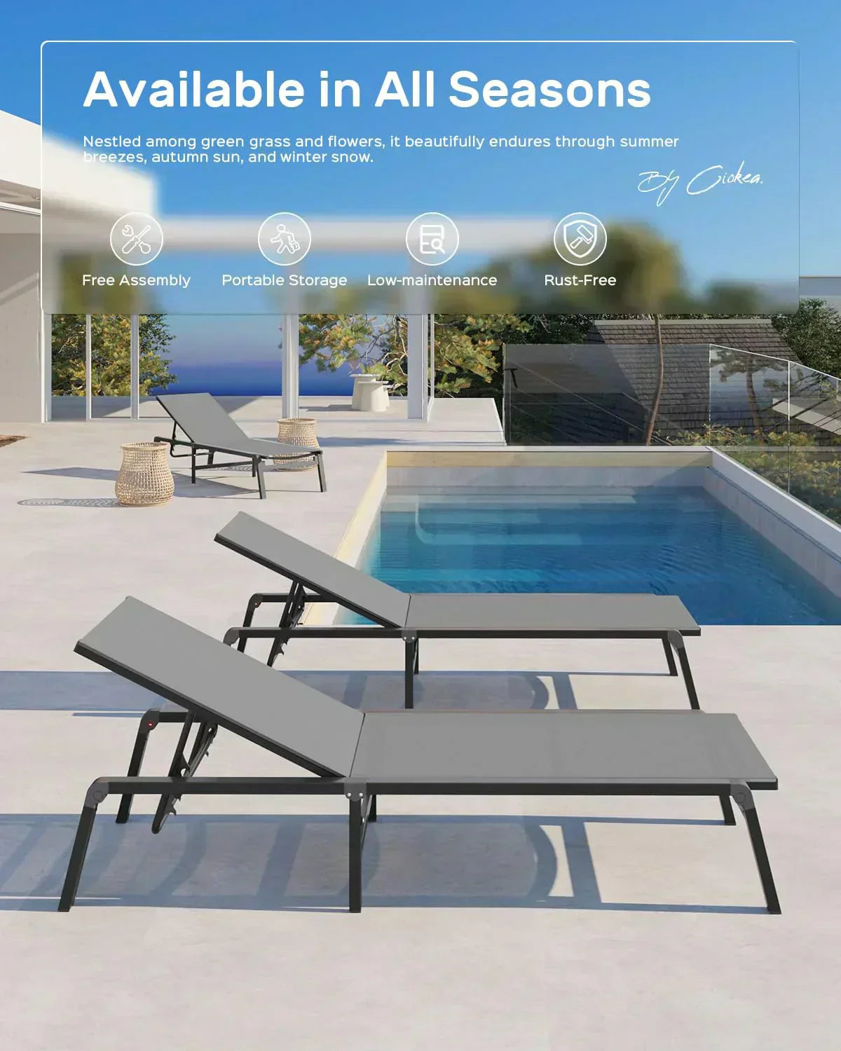 Aluminum Chaise Lounge Outdoor Foldable Assemble Free Outdoor Lounge Chair 5 Adjustable Backrest wourant