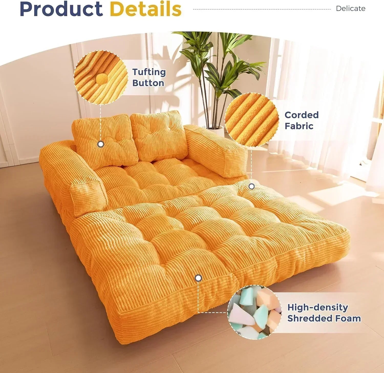 Folding Sofa Bed L-Shaped Convertible Sofa Bed with Armrests and Pillows wourant