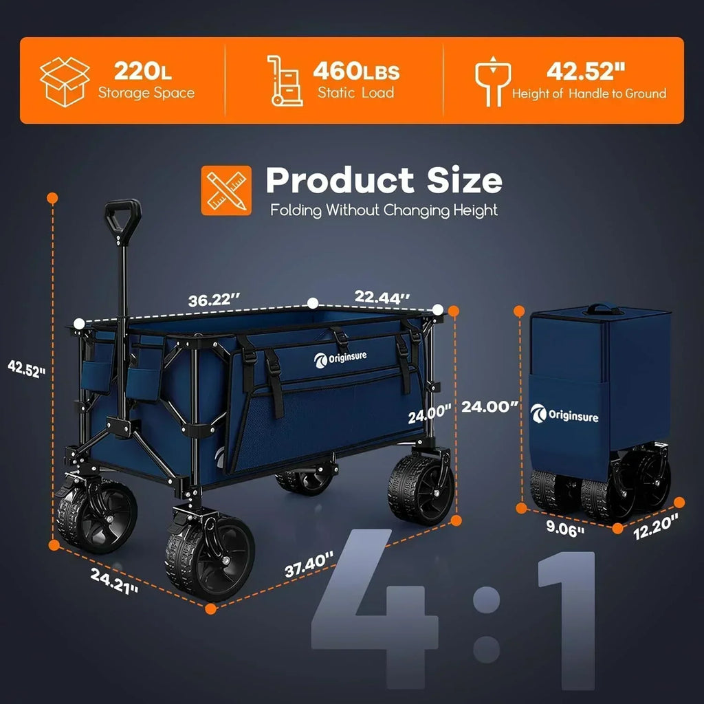 38" long foldable four-wheel stroller 460 lb capacity 220 liter folding beach stroller wourant