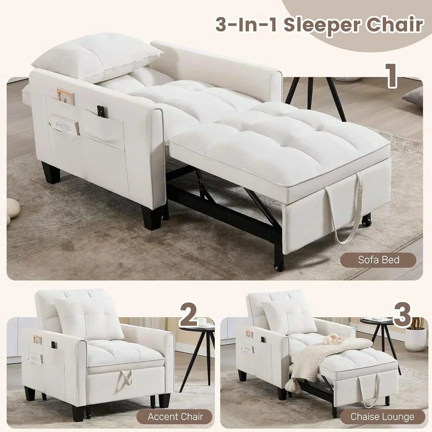 Convertible Sleeper Chair 3 in 1 Sleeper Chair Bed Pull Out Sofa Bed Chairs Velvet Single Sofa wourant