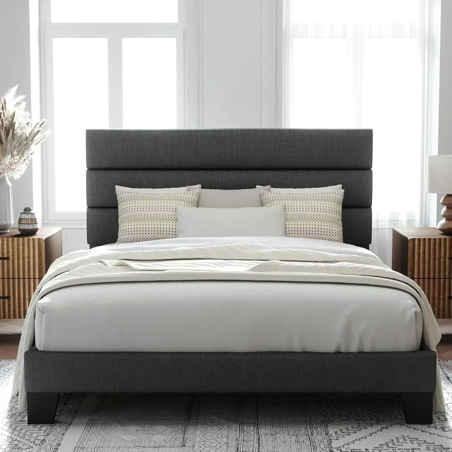 Allewie King size platform bed frame with velvet upholstered headboard and planks wourant