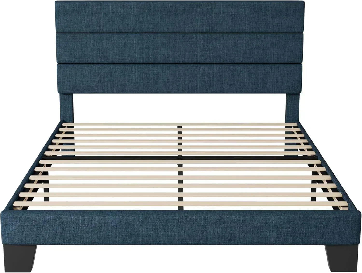 Allewie King size platform bed frame with velvet upholstered headboard and planks wourant