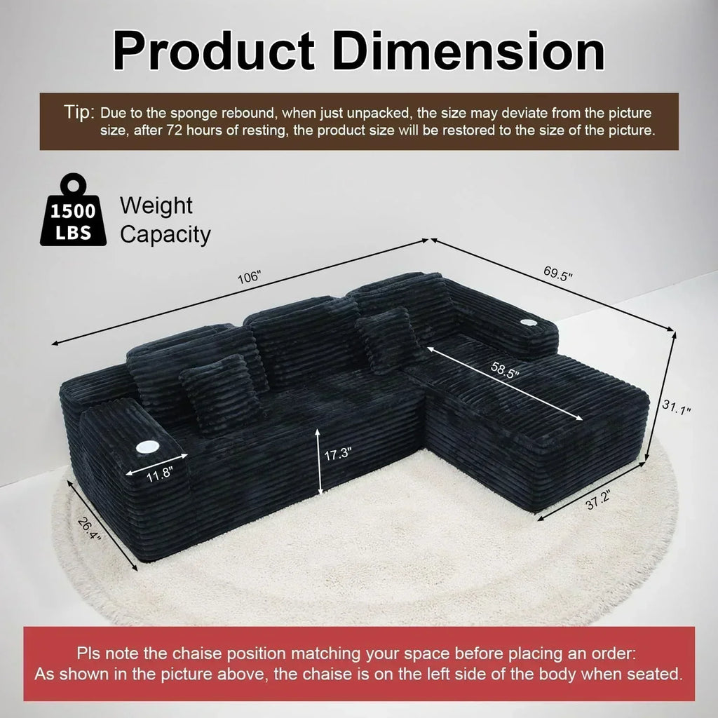 Cloud Sectional Couch with L Shape Chaise Modern Modular Sofa with Deep Seat Built in Cup Holder wourant