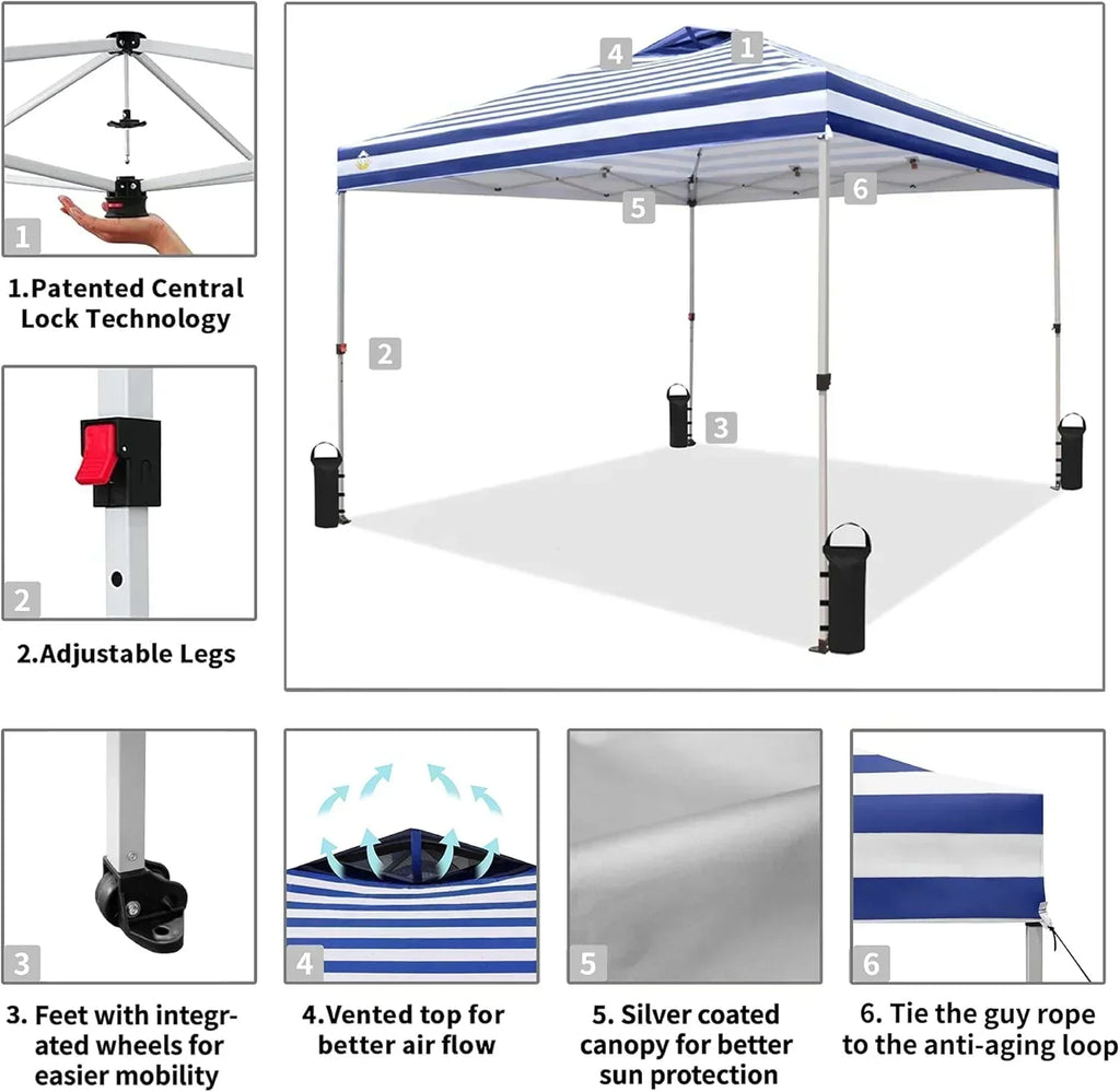 10x10 Pop-Up Awning One-Click Installation Beach Tent Outdoor Sunshade Silver Coated Top wourant