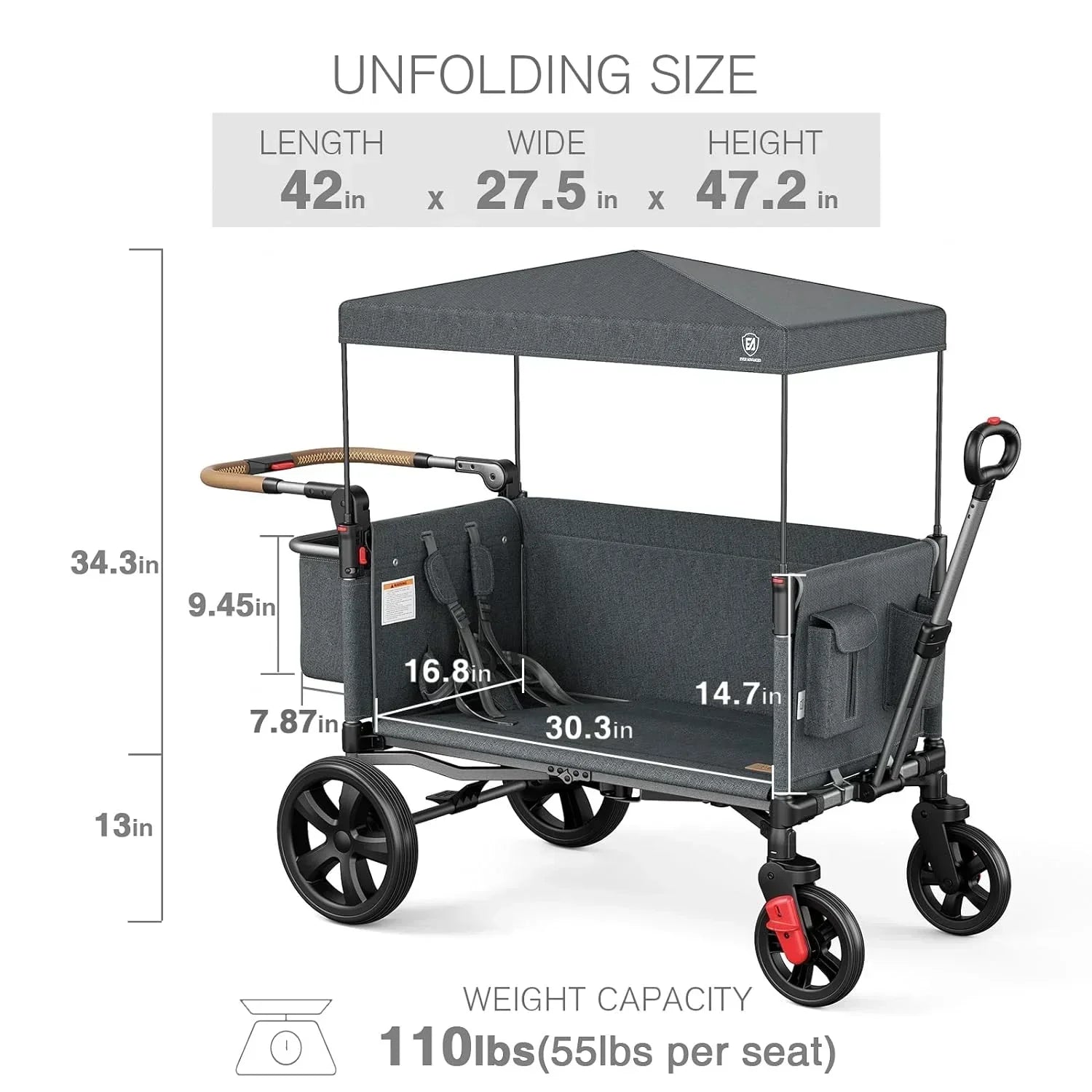 EVER ADVANCED Side-unzip Wagon Stroller for 2 Kids Push Pull Stroller with Adjustable Handle wourant