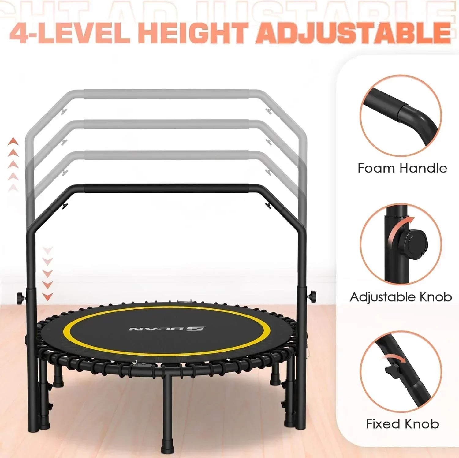 BCAN 450/550 LBS Foldable Mini Trampoline Fitness Trampoline Bungees Adjustable Foam Handle wourant
