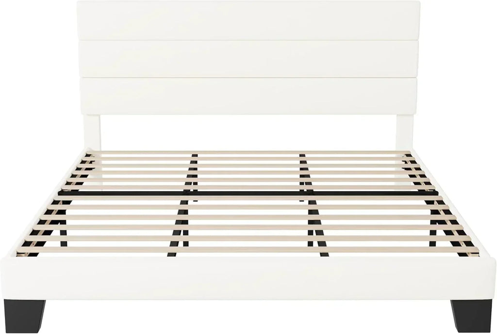 Allewie King size platform bed frame with velvet upholstered headboard and planks wourant