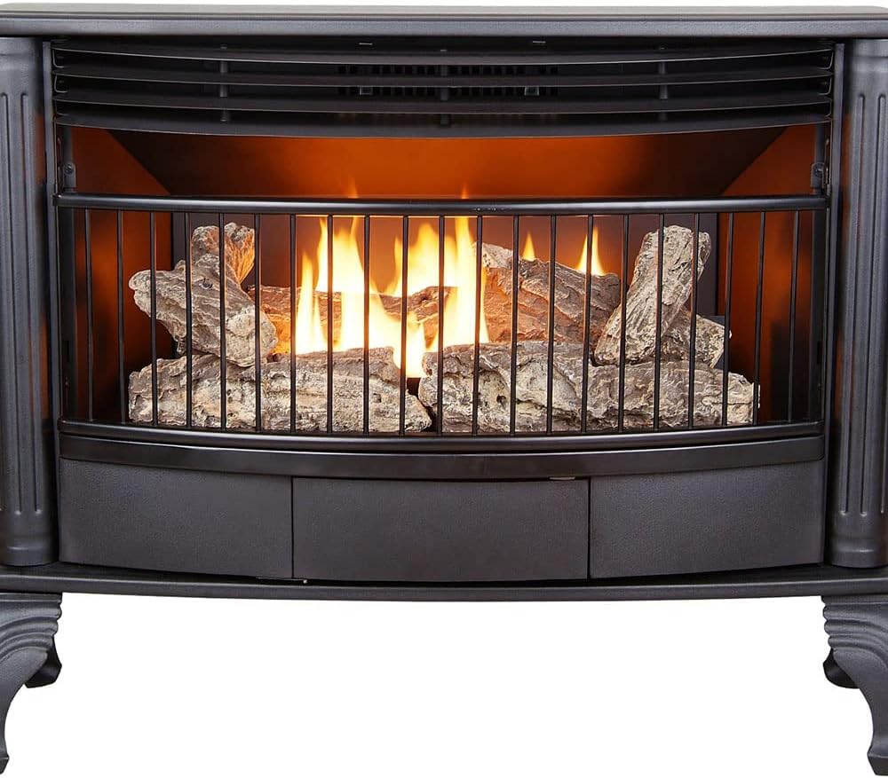 Vent-free 25000 BTU space-saving freestanding dual-fuel fireplace with thermostat control wourant