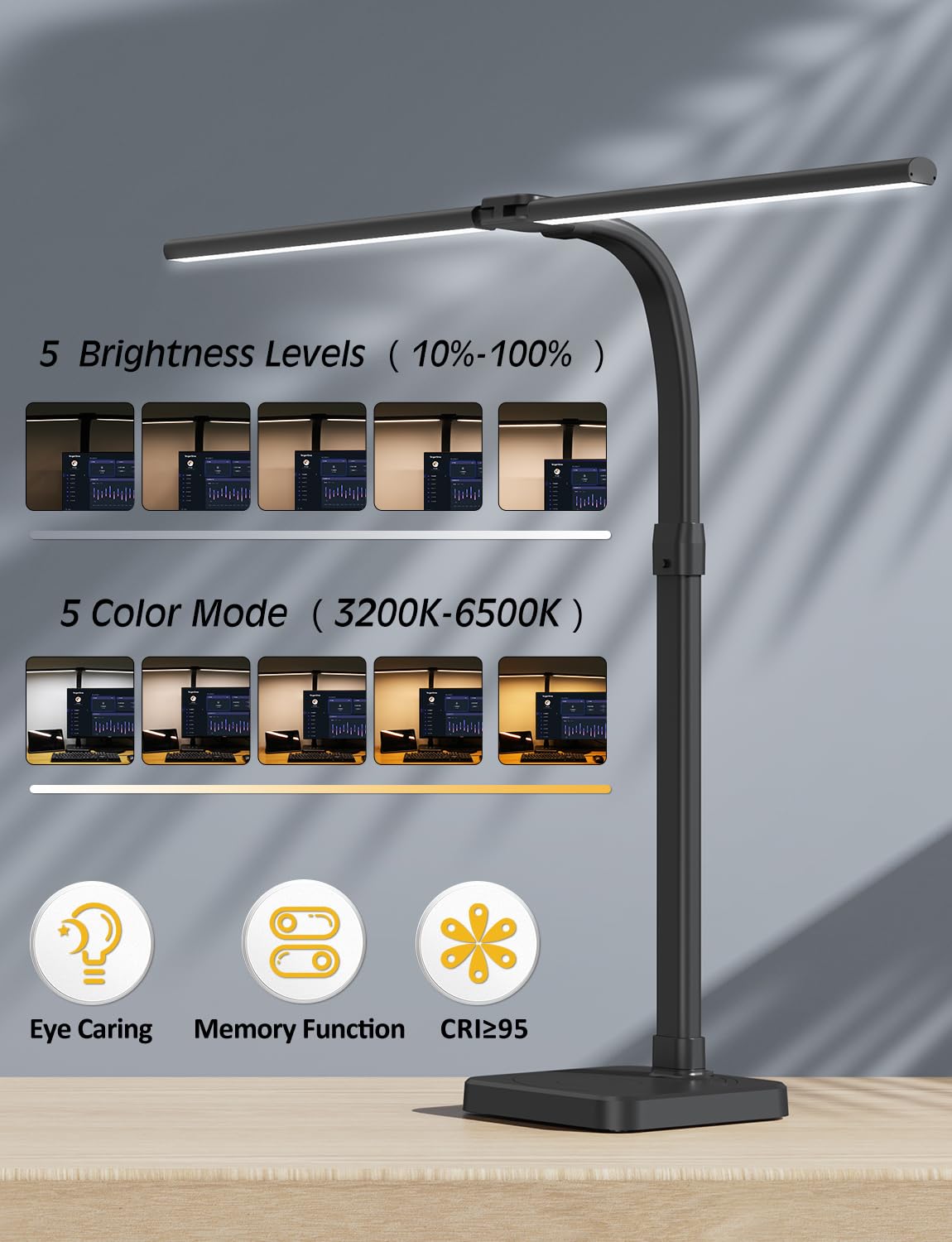 LED Desk Lamp for Home Office Double Head 24W Architect Light with 5 Brightness Levels Flexible Gooseneck