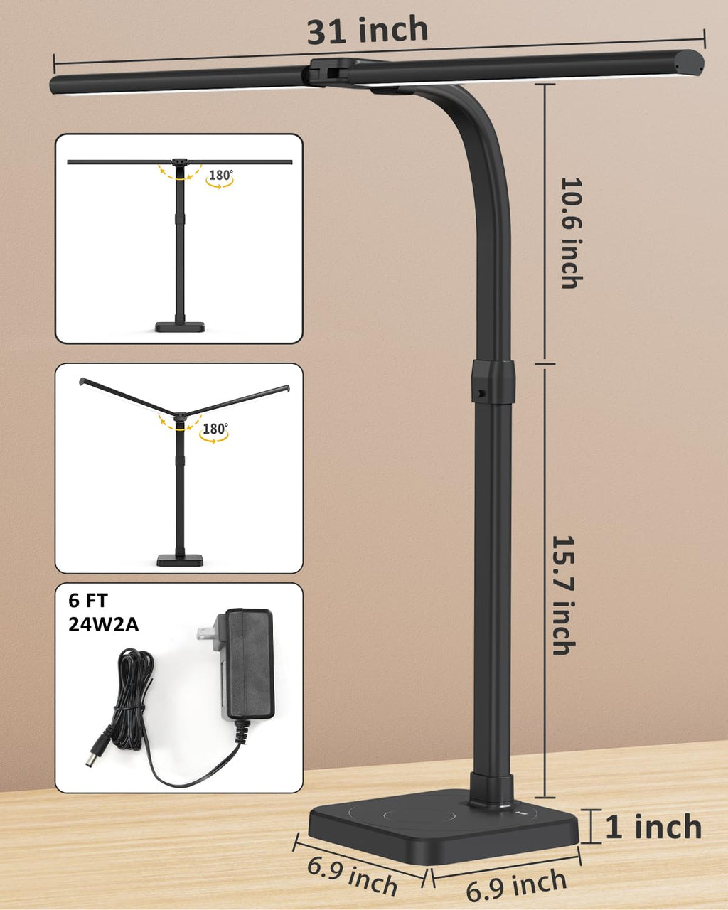 LED Desk Lamp for Home Office Double Head 24W Architect Light with 5 Brightness Levels Flexible Gooseneck