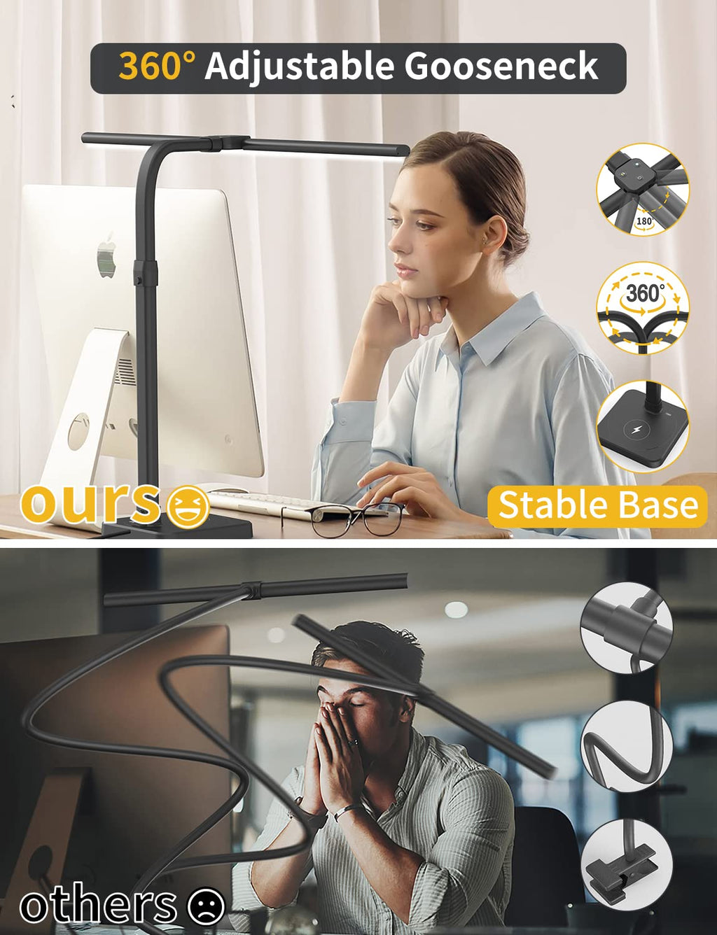LED Desk Lamp for Home Office Double Head 24W Architect Light with 5 Brightness Levels Flexible Gooseneck