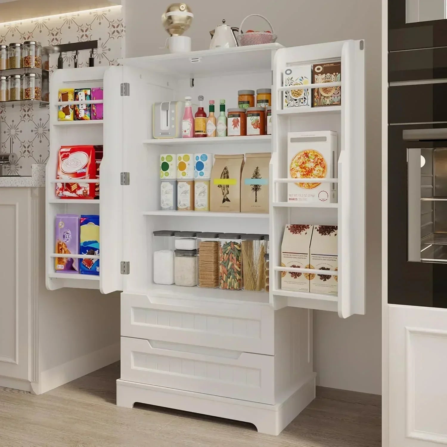 Gizoon Kitchen Pantry Cabinet with Drawers Freestanding Bathroom Storage Cabinet with Doors wourant