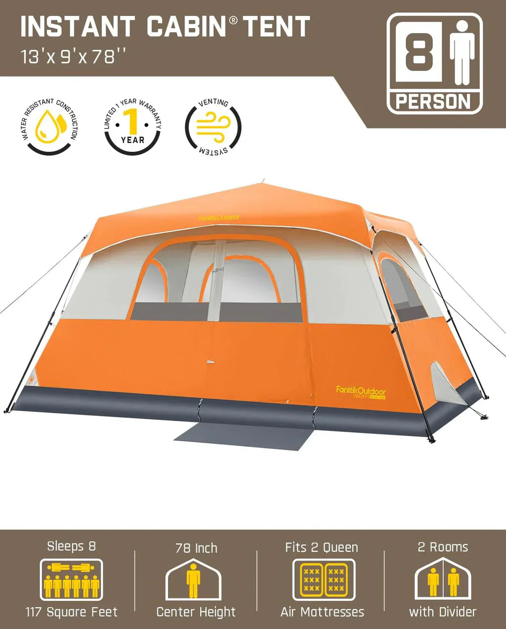 Portable camping tent for 4/6/8/10 people with instant cabin and rainproof and windproof wourant