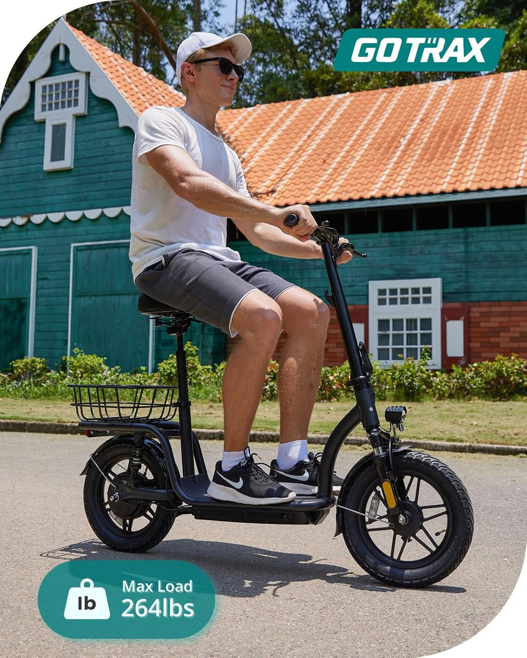 Gotrax adult electric scooter with seat maximum range of 19-25 miles all-terrain tires wide pedals wourant
