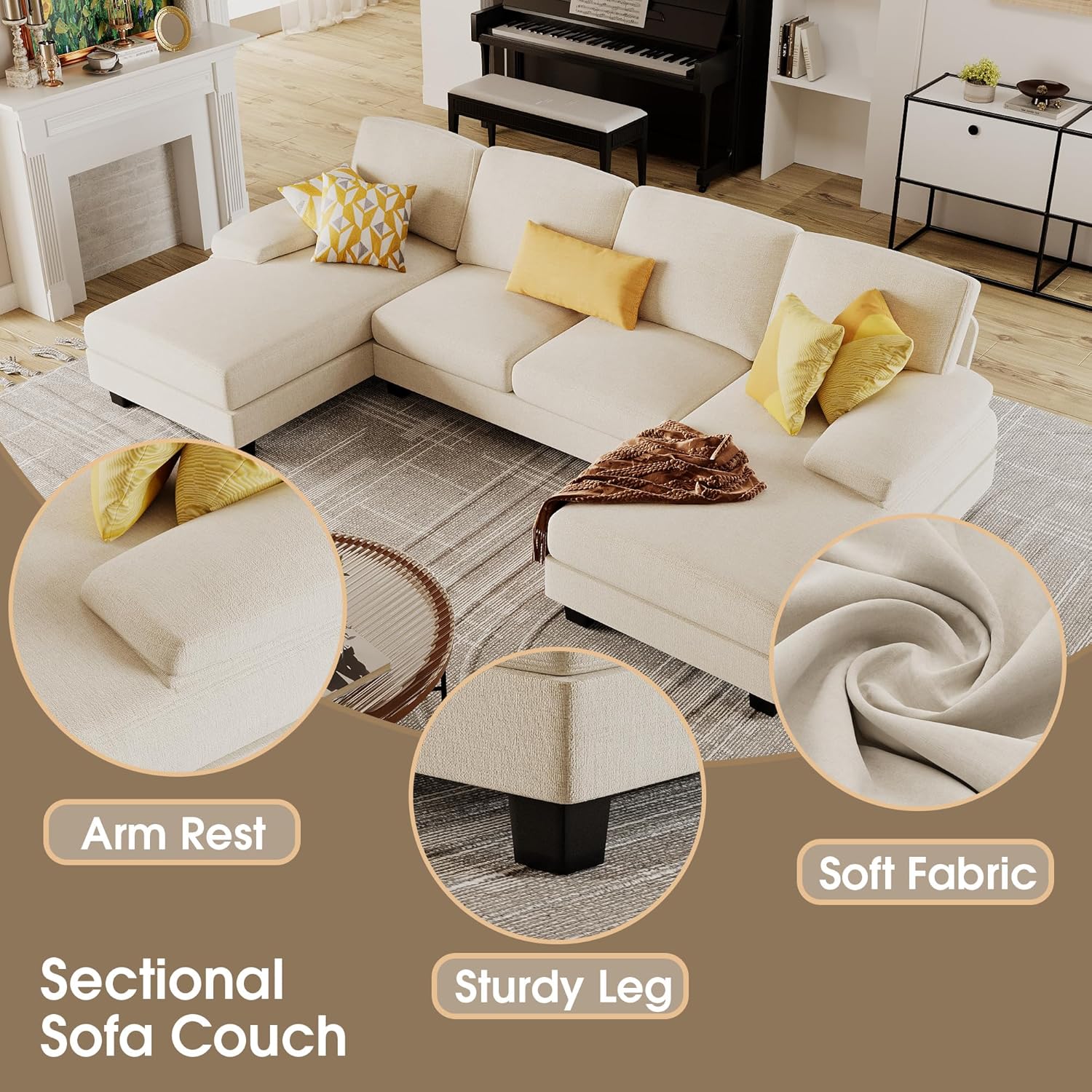 Furmax Sectional Couches for Living Room U-Shaped Sofa Couch Linen Fabric 4 Seat Sofa Set wourant