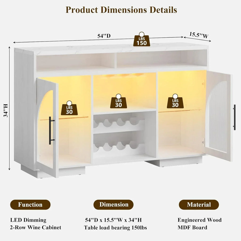 Sideboard 54-inch kitchen cabinet with LED lights and arched glass doors tall bar cabinet wourant