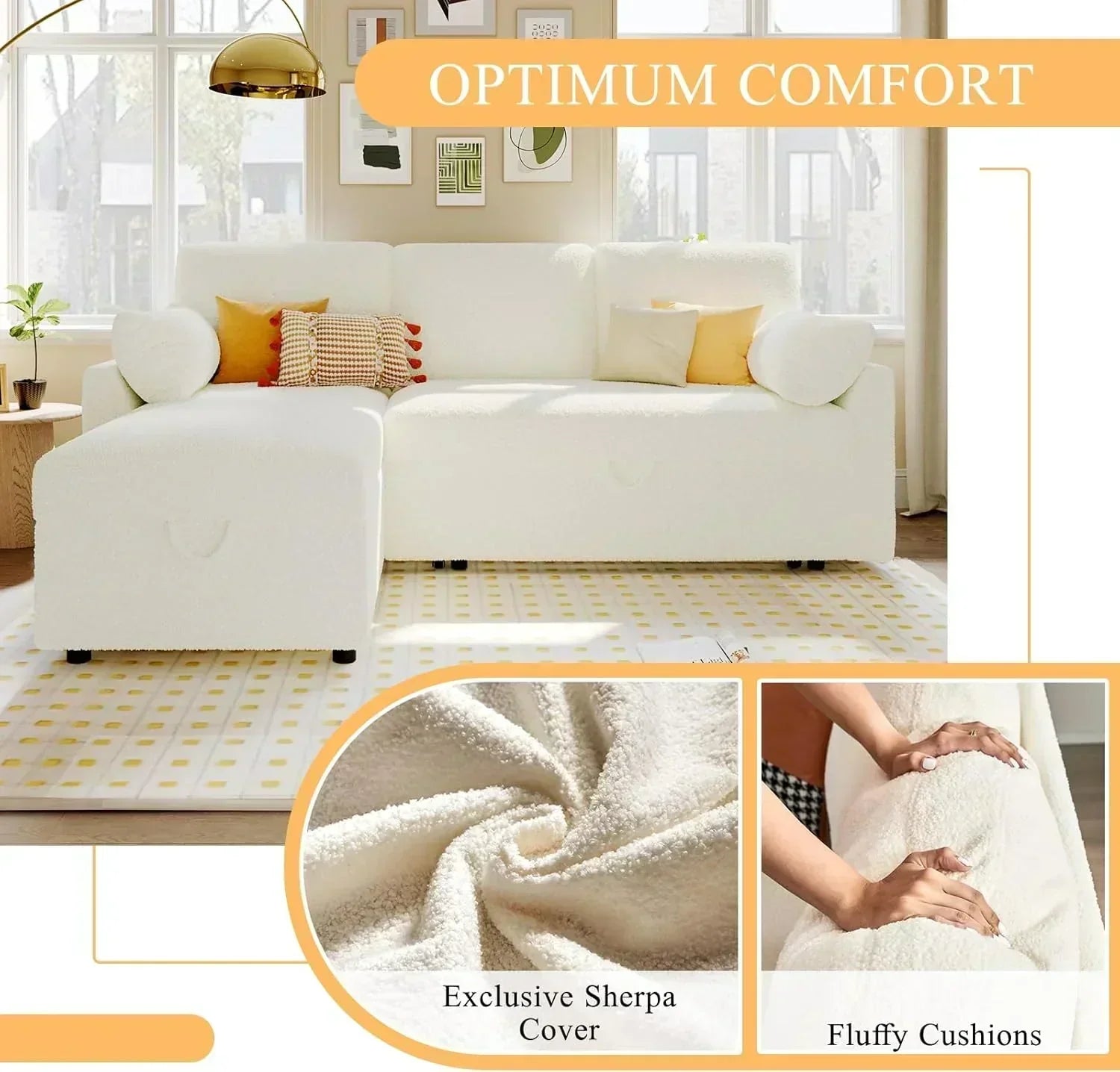 VanAcc Sofa Bed Sleeper Sofa with Storage Chaise 2 in 1 Pull Out Couch Living Room wourant