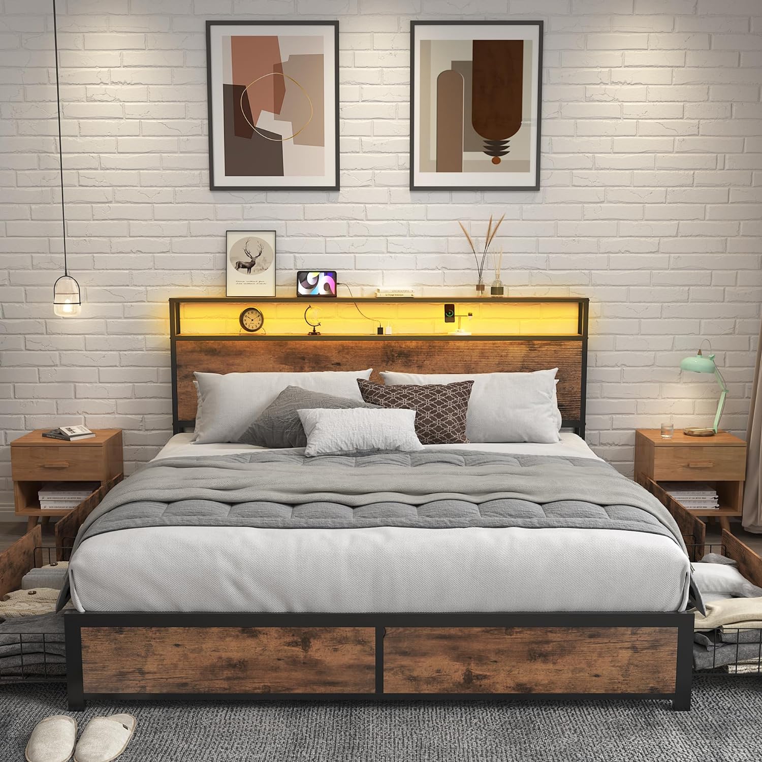 Lifezone Queen Bed Frame 2-Tier Storage Headboard Metal Platform Bed Frame 4 Storage Drawers wourant